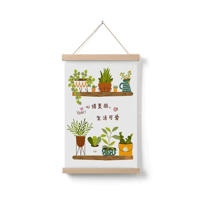 Simple Home Cartoon Green Plant Solid Wood Fabrics Hanging Picture