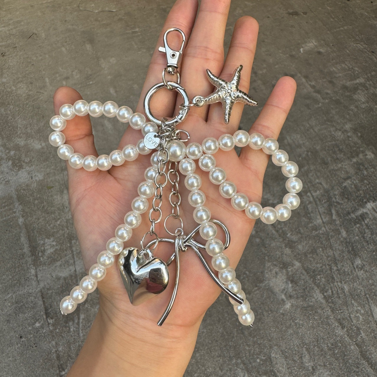 Korean Chic New Sweet Pearl Bow Silver Love Pendant Car Keychain Pendant