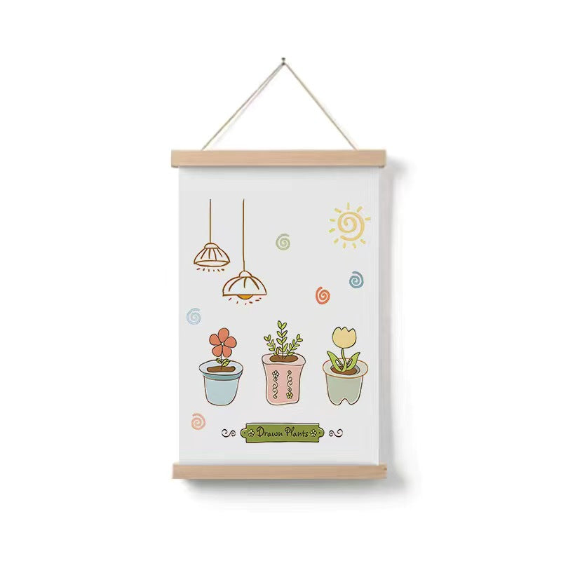 Simple Home Cartoon Green Plant Solid Wood Fabrics Hanging Picture