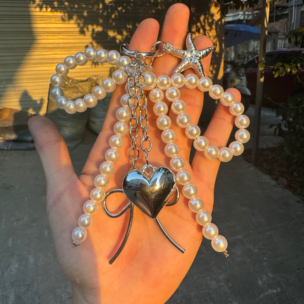 Korean Chic New Sweet Pearl Bow Silver Love Pendant Car Keychain Pendant