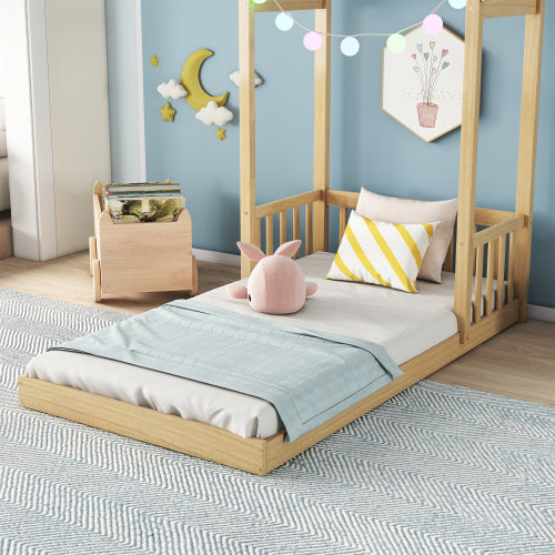 Twin House-shaped Roof Headboard Floor Bed,,without Slats,Natural