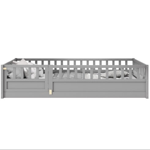 Twin Size Floor Bed, Integral Construction With Super High Security Barrier, Door, Children's Floor Bed Frame, Montessori Wooden Children's Floor Bed, Support Slat White