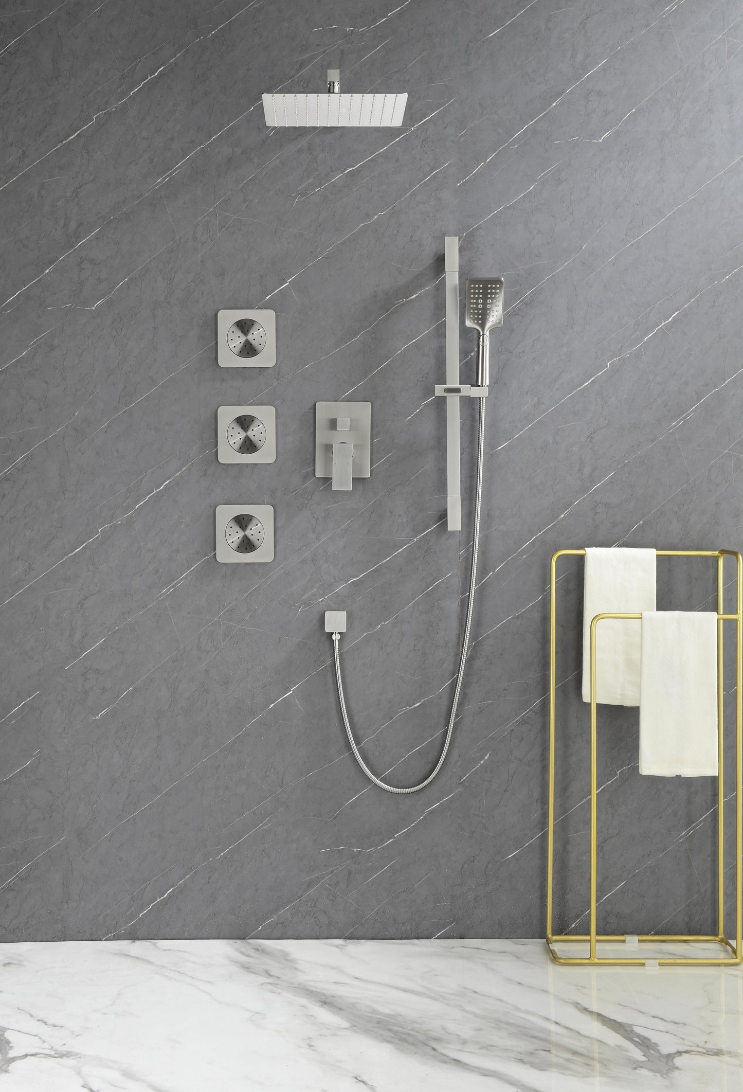 Shower System With Shower Head, Hand Shower, Slide Bar, Sprayer, Shower Arm, Hose, Valve Trim And Lever Handle