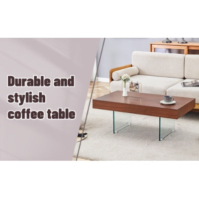 Walnut Colored MDF Coffee Table - 39.3x21.6 With Tempered Glass Legs.Density Board Sticker,Reinforced Glass Legs.Walnut Colored Texture Sticker.