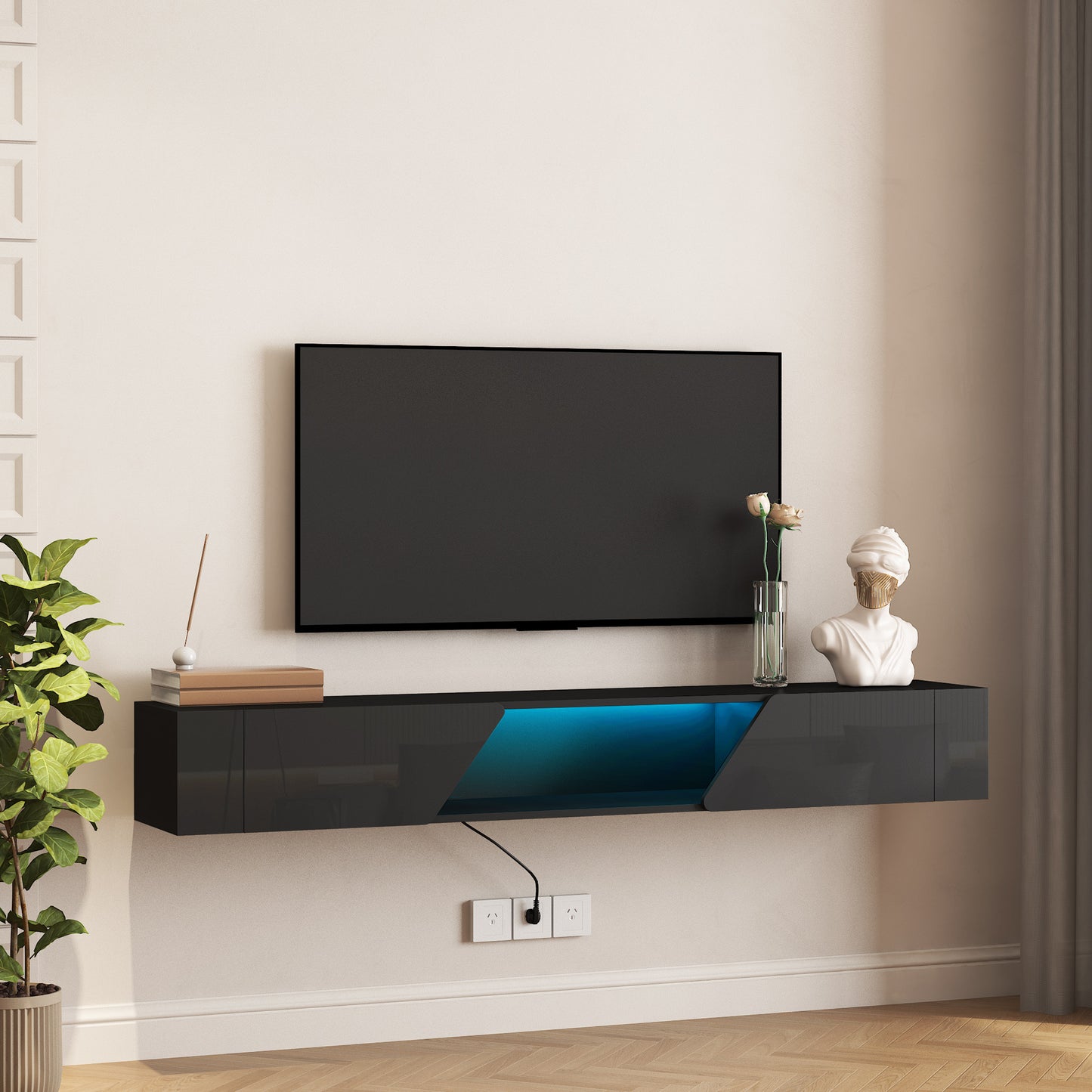 Floating TV Stand Wall Mounted With 16 Color LEDs, Modern TV Stand, Floating TV Cabinet Entertainment Center For 55 60 65 Inch TV,Black
