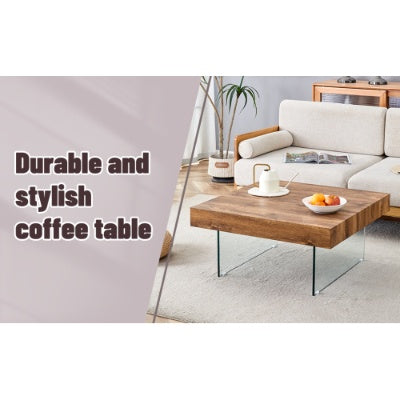Natural Style Square MDF Coffee Table  31.5x31.5 With Tempered Glass Legs.Density Board Sticker,Reinforced Glass