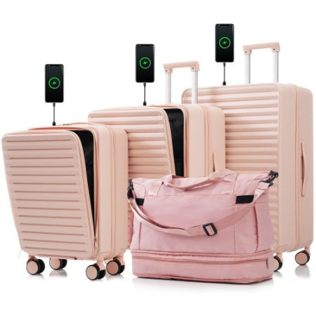 Luggage 4 Piece 20 24 28 Sets And A Bag, 20 24 With Front Pocket,Hard Shell Luggage Carry On Luggage Set With TSA Lock, Usb, Universal Wheel,cup Holder