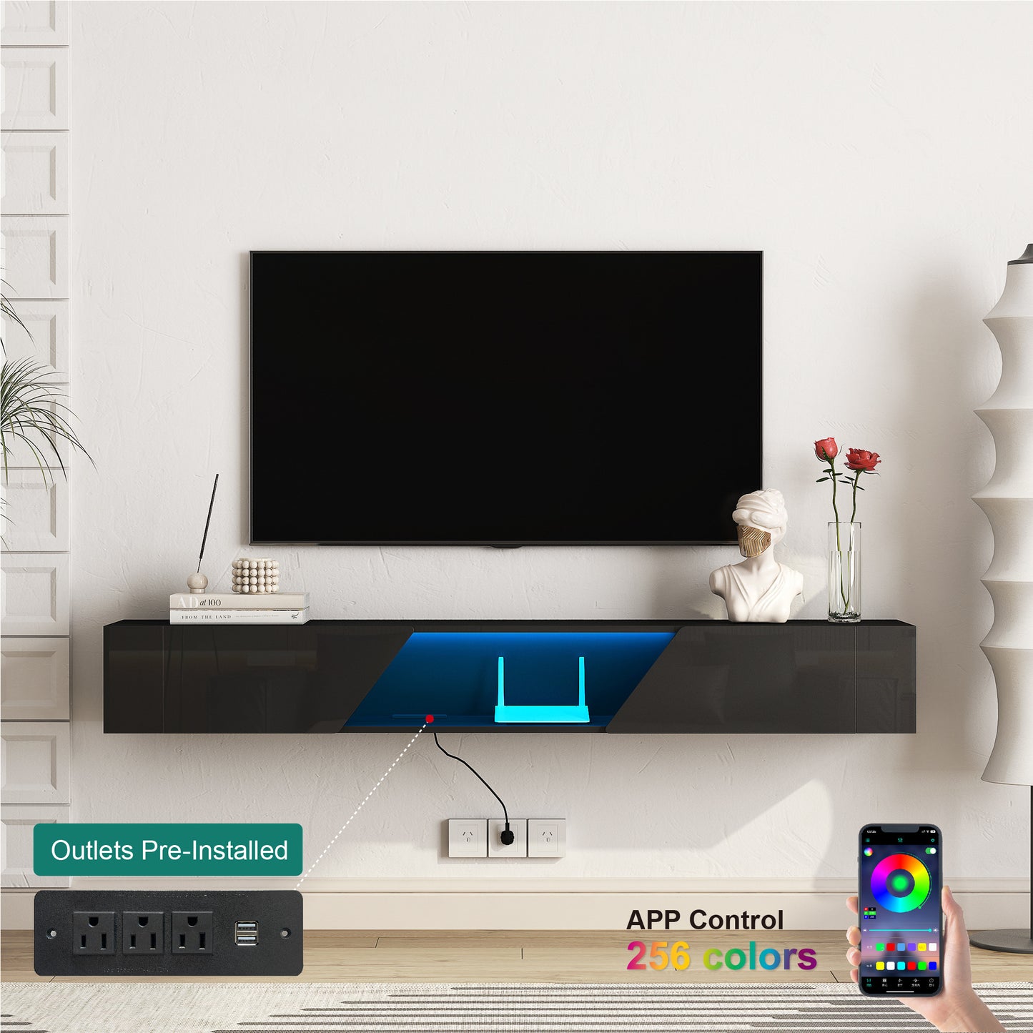 Floating TV Stand Wall Mounted With 16 Color LEDs, Modern TV Stand, Floating TV Cabinet Entertainment Center For 55 60 65 Inch TV,Black