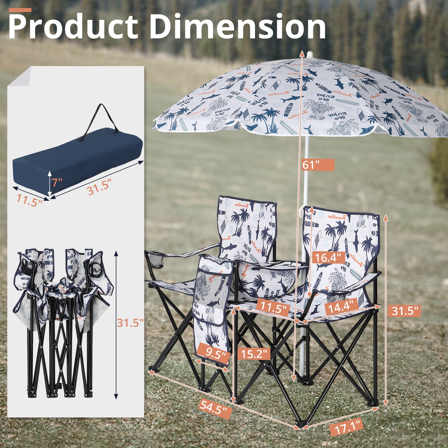 59x19.6x31in, Coconut Tree Pattern, Fishing Chair With Parasol, Camping Chairs