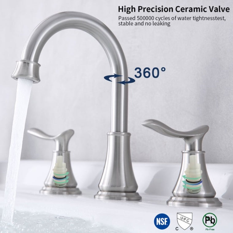 2-Handle 8 Inch Widespread Bathroom Sink Faucet Brushed Nickel Lavatory Faucet 3 Hole 360 Swivel Spout Vanity Sink Basin Faucets With Pop Up Drain Assembly And CUPC Water Supply Hoses