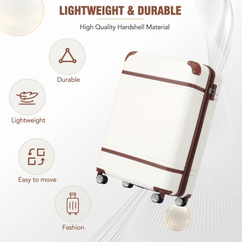 20 IN Hardside Luggage With Cosmetic Case , 2 Piece Lightweight Suitcase Set With Spinner Wheels, Carry On Vintage Luggage,White