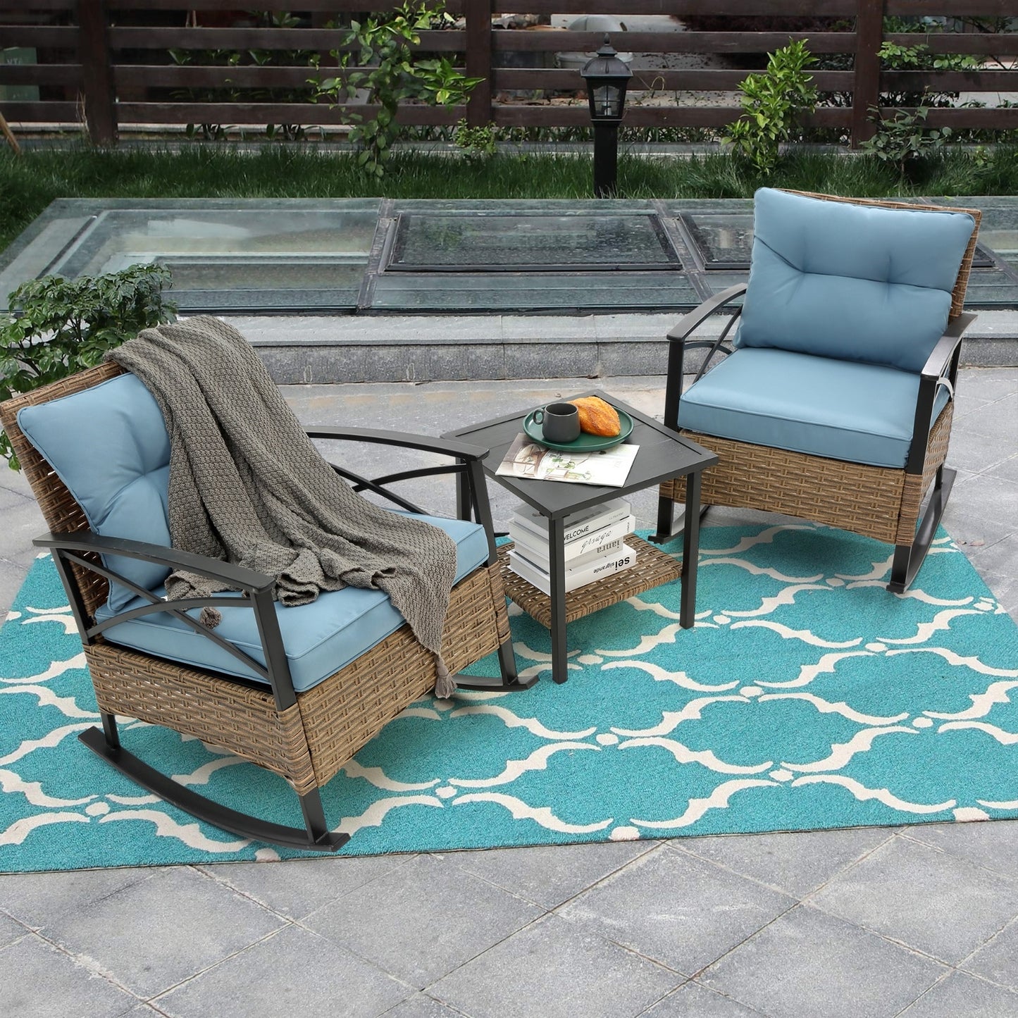 3pcs Rattan Rocking Chair Set Outdoor Leisure Grey