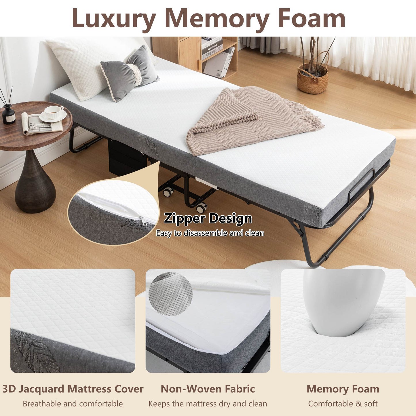 Folding Bed Cot With Mattress For Adults,  Foldable Metal Frame Bed For Guest With Memory Foam Mattress On Wheels, Saving Space Rollaway Bed