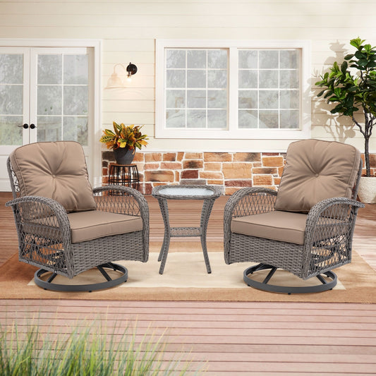 3pc Outdoor Swivel Rocker Chairs, 360  Rocking Patio Set With Thick Cushions