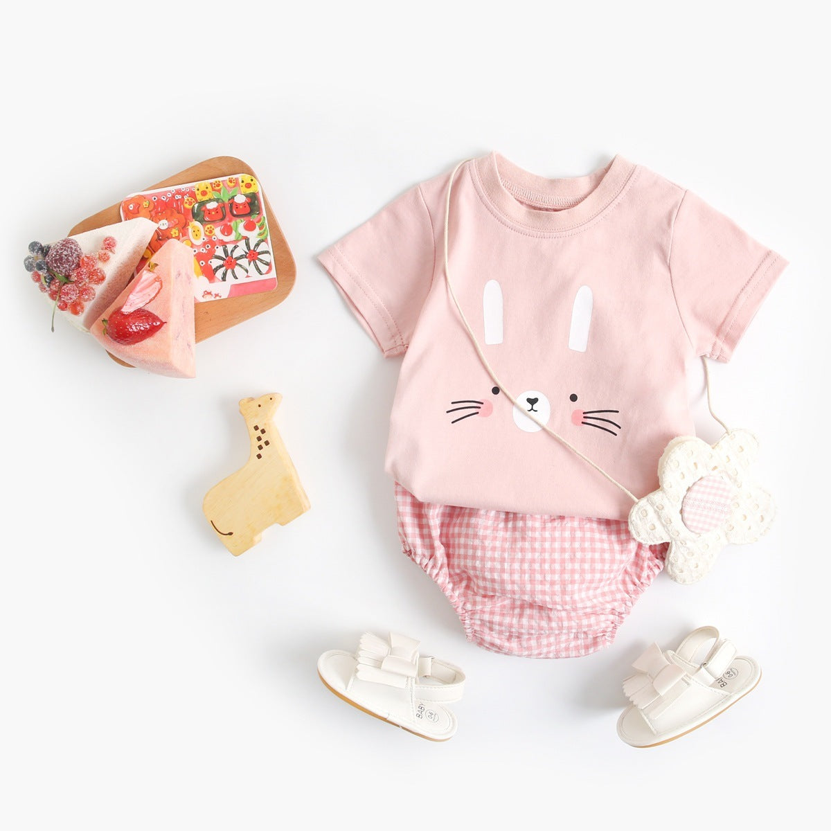 Girls' Cotton Plaid Clothes And Shorts Two Piece Set
