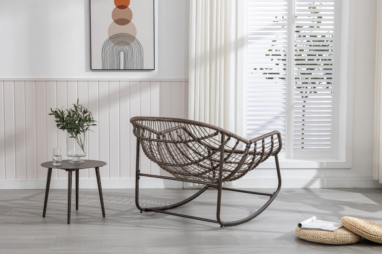 Outdoor Rattan Rocking Chair With Padded Cushion For Porch & Living Room