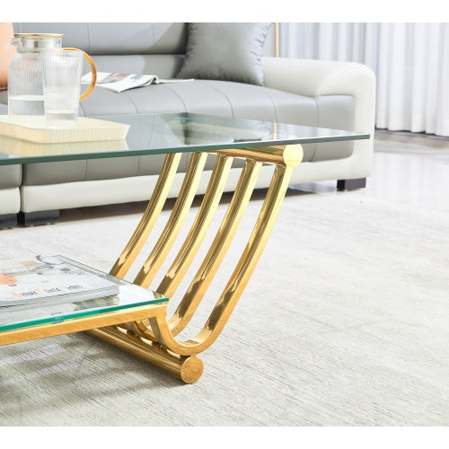 47 Rectangle Modern Stainless Steel Coffee Table, Double-Layer Clear Tempered Glass Coffee Table, Center Table Table With Storage, For Living Room Home Office, Easy Assembly, Gold