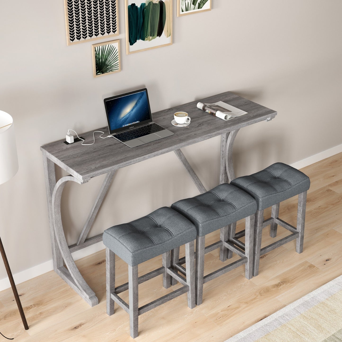 Bar Table Set With Power Outlet, Bar Table And Chairs Set, 4 Piece Dining Table Set, Industrial Brea
