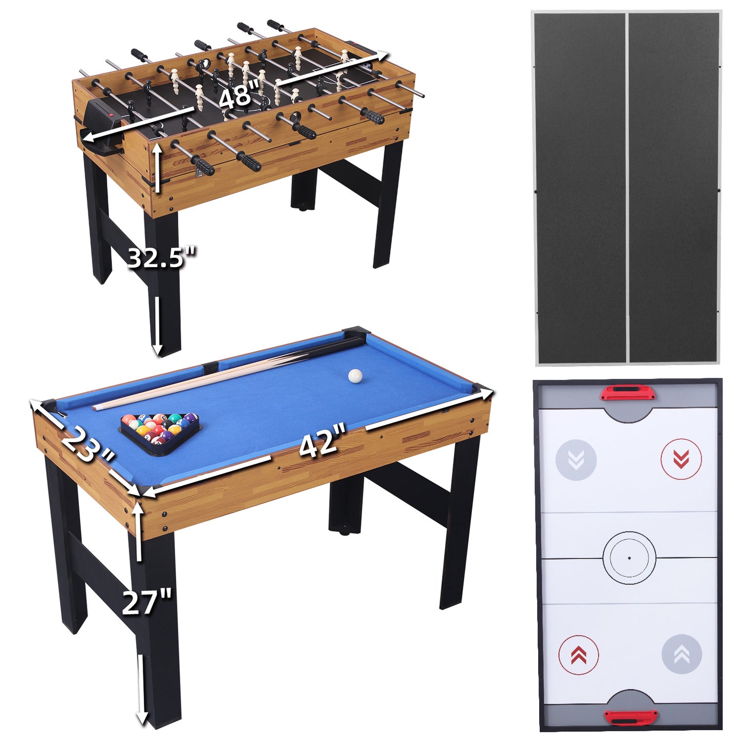 48in Folding Portable Combination Game Table  Set With Ping Pong, Air Hockey, Pool Billiards For Kids And Adults, Indoor And Outdoor Games