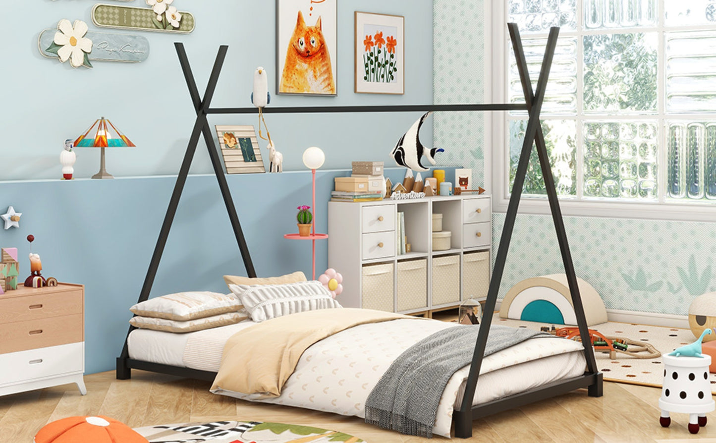 Metal Twin Size House Platform Bed With Triangle Structure, Black