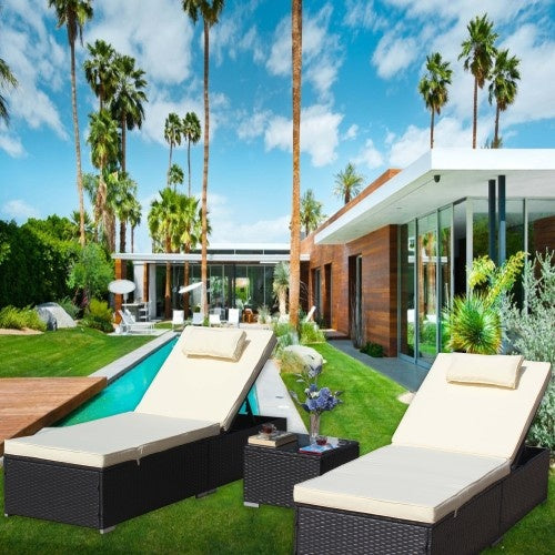3-Piece Outdoor Patio Furniture Set Chaise Lounge, Patio Reclining Rattan Lounge Chair Chaise Couch Cushioned With Glass Coffee Table, Adjustable Back And Feet, Lounger Chair For Pool Garden, Beige