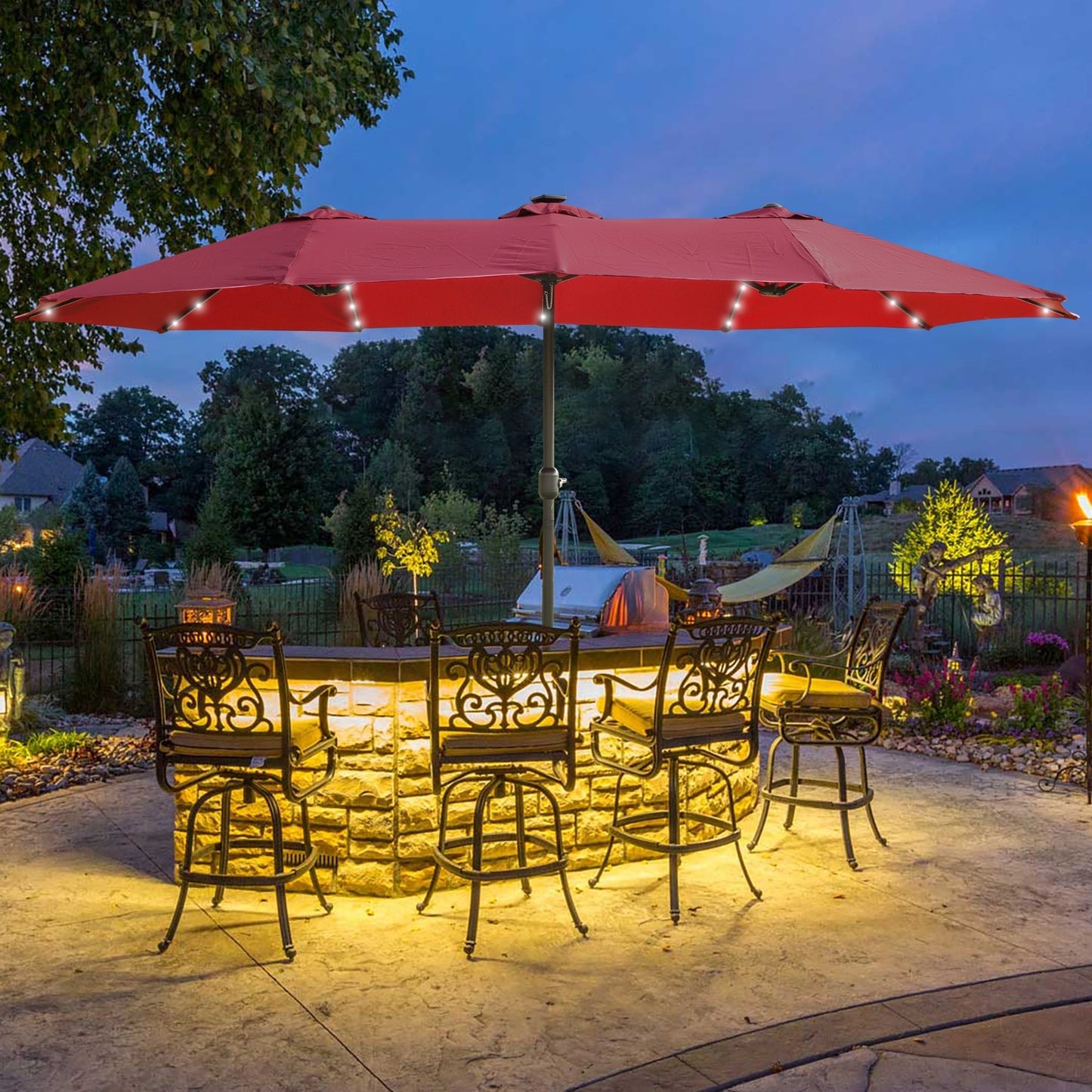 15x9ft Large Double-Sided Rectangular Outdoor Twin Patio Market Umbrella With Light And Base- Red