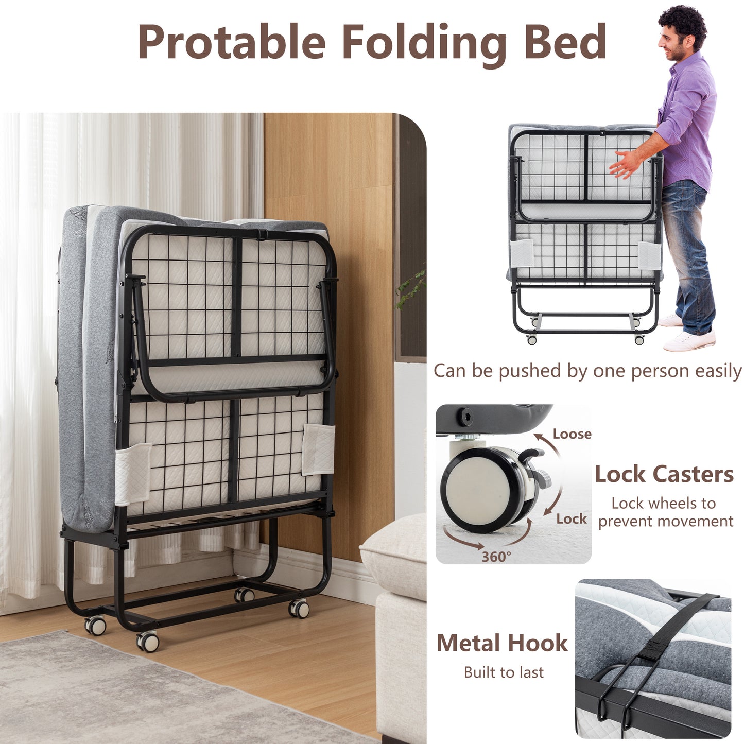 Folding Bed Cot With Mattress For Adults,  Foldable Metal Frame Bed For Guest With Memory Foam Mattress On Wheels, Saving Space Rollaway Bed