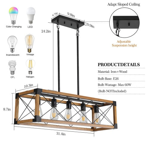 5 Lights Vintage Farmhouse Chandelier For Kitchen, Living Room, Dining Room Walnut - No Bulbs  Unavailable Platforms- Temu