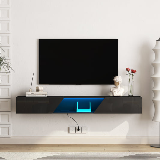Floating TV Stand Wall Mounted With 16 Color LEDs, Modern TV Stand, Floating TV Cabinet Entertainment Center For 55 60 65 Inch TV,Black