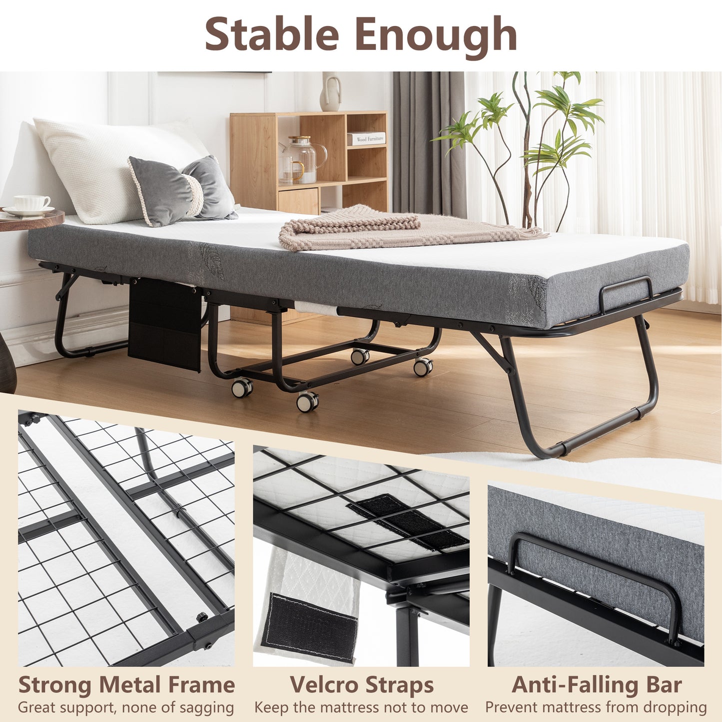 Folding Bed Cot With Mattress For Adults,  Foldable Metal Frame Bed For Guest With Memory Foam Mattress On Wheels, Saving Space Rollaway Bed