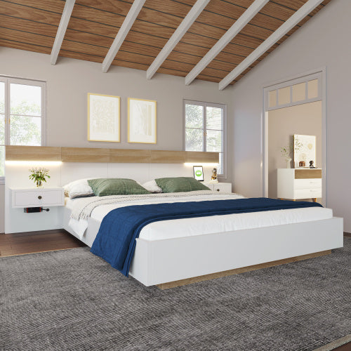 Floating Bed With Headboard In Timber Slatted Frame  Size 160x200