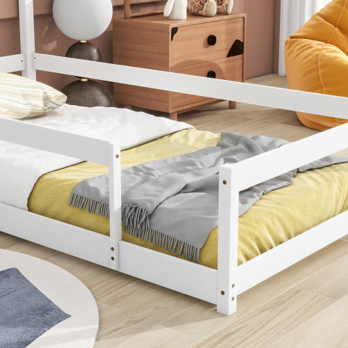 Twin Size Wood Bed With House-shaped Headboard Floor Bed With Fences,White